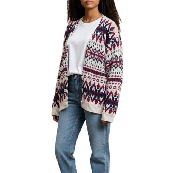 Vintage Sweaters - Vintage White Maroon Fair Isle Cardigan Womens Sz Large 80s Paris Sport Club